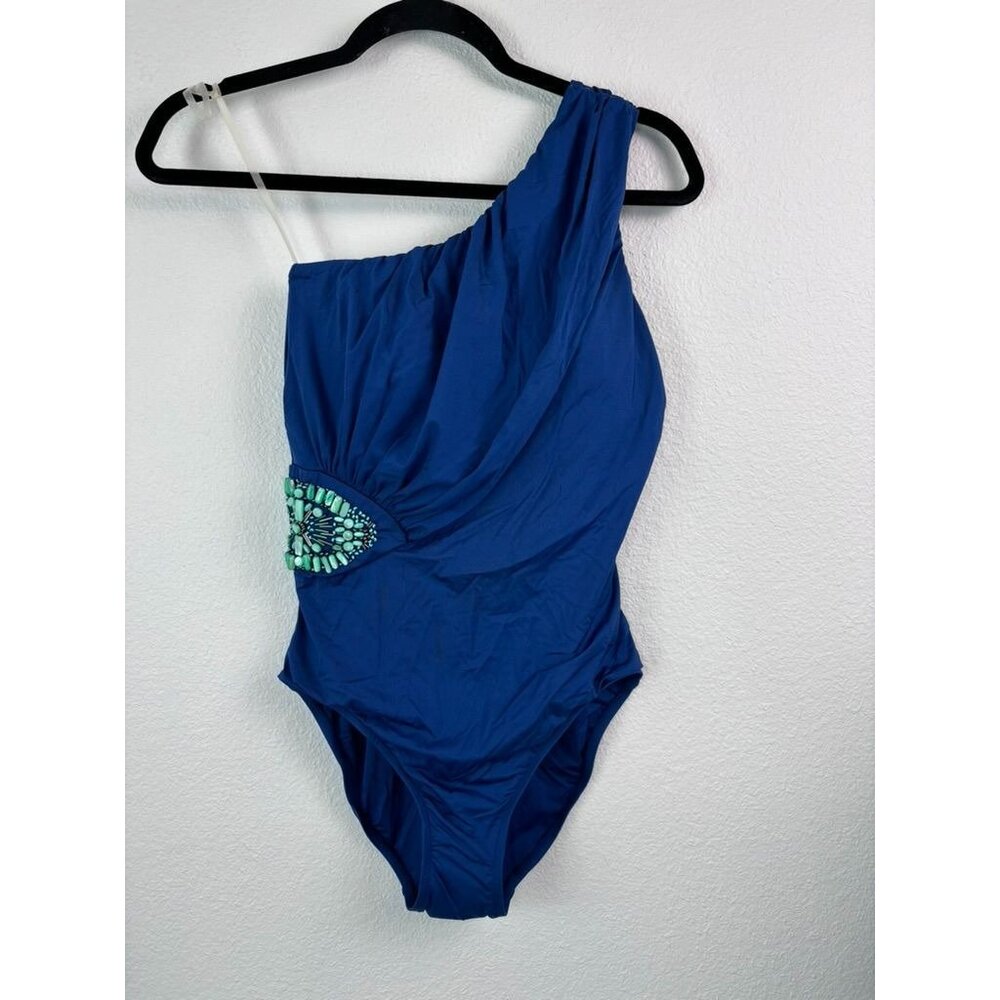 Badgley Mischka women's 8 blue Valentina one shoulder‎ one piece swim suit - Picture 2 of 10